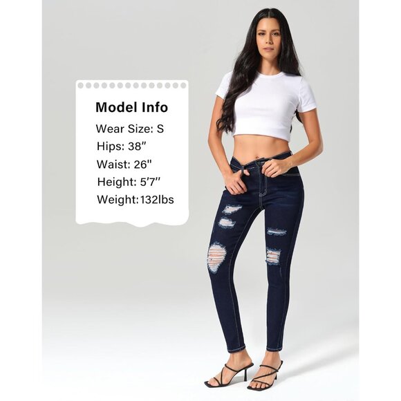 Women's Ripped Skinny Jeans Mid Rise Destroyed Stretchy Casual Pants - Picture 4 of 8